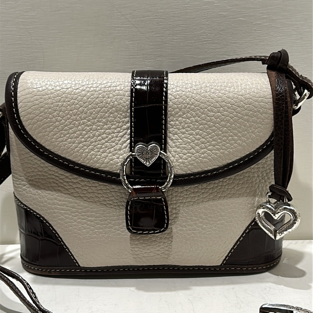 BRIGHTON Small Cream Pebbled & Brown Leather Crossbody Bag